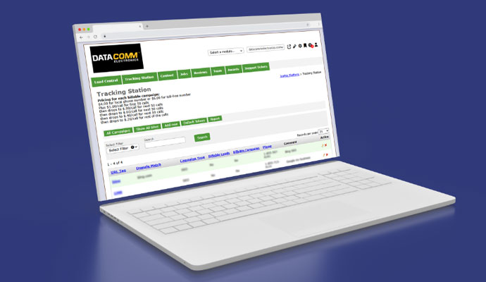 DataComm tracking station dashboard displayed on laptop screen with SEO monitoring and management interface